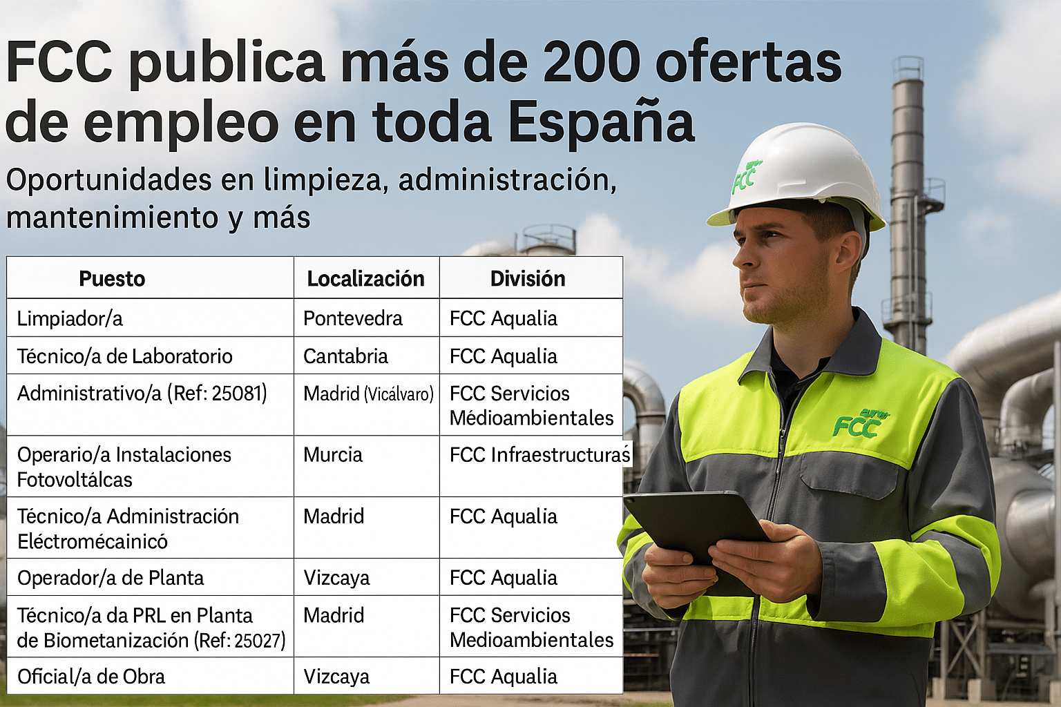 📢 FCC publica más de 200 ofertas de empleo en limpieza, administración, mantenimiento y más