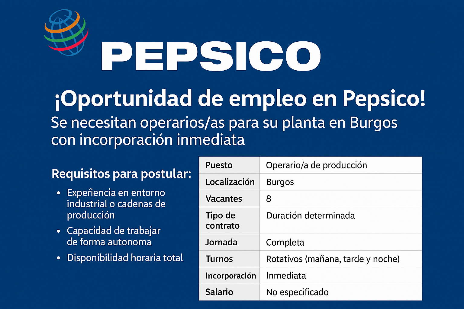 📢 ¡Oportunidad de empleo en Pepsico! Se necesitan operarios/as para su planta en Burgos con incorporación inmediata